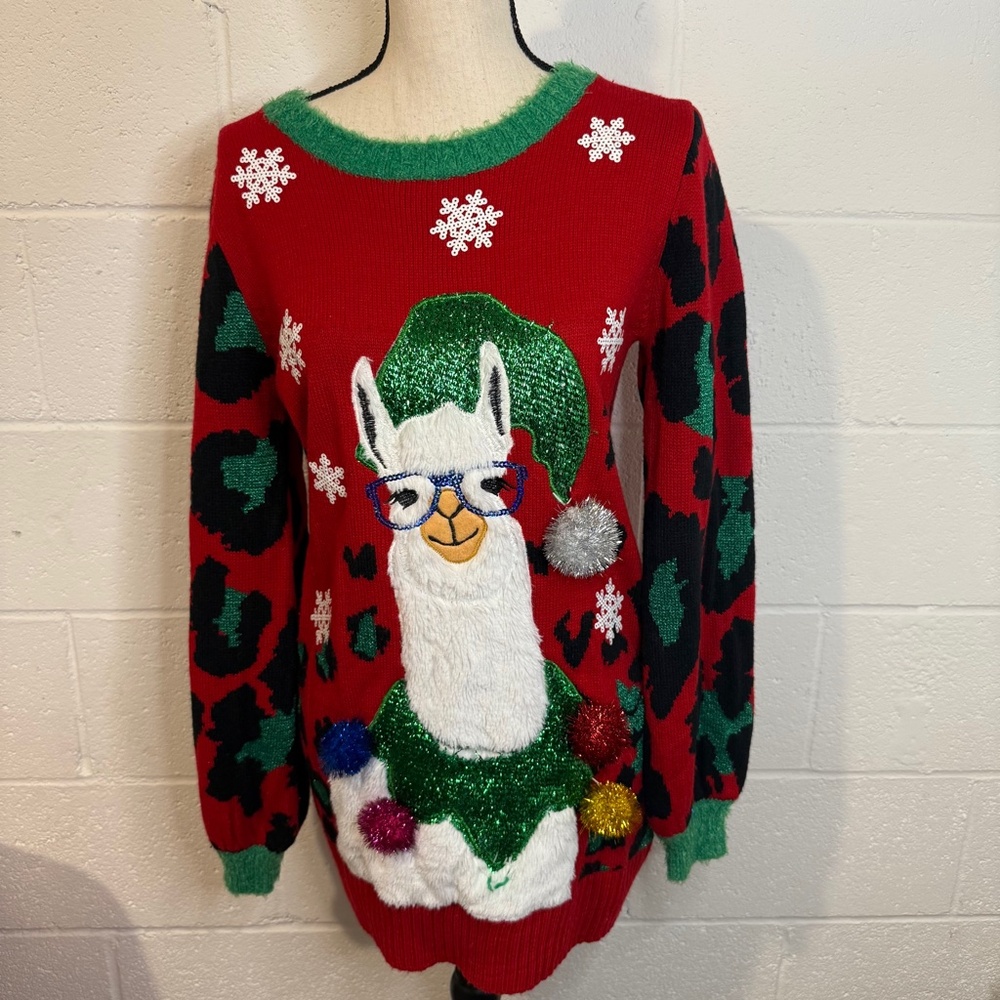 33 Degrees Christmas Holiday Llama Ugly Xmas Sweater Dress Tunic Size Small